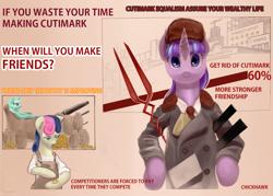 Size: 1400x1000 | Tagged: safe, artist:chickhawk96, bon bon, lyra heartstrings, starlight glimmer, sweetie drops, g4, the cutie map, communism, engrish, lance of longinus, parody, propaganda, russian, s5 starlight, soviet, staff, staff of sameness, stalin glimmer