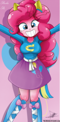 Size: 648x1321 | Tagged: safe, artist:the-butch-x, pinkie pie, human, equestria girls, g4, beautiful, beautiful x, blushing, breasts, busty pinkie pie, clothes, cute, diapinkes, dress, female, solo, wondercolt ears, wondercolts, wondercolts uniform