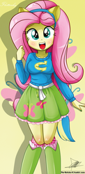 Size: 645x1321 | Tagged: safe, artist:the-butch-x, fluttershy, human, equestria girls, g4, beautiful, beautiful x, blushing, clothes, collar, cute, female, looking at you, shyabetes, skirt, smiling, solo, suirt, sweater, sweatershy, teenager, wondercolt ears, wondercolts