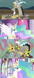 Size: 319x720 | Tagged: safe, discord, princess celestia, g4, bad joke, joke, pun