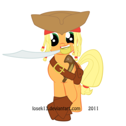 Size: 894x894 | Tagged: safe, artist:losek13, applejack, g4, cutlass, female, flintlock, jack sparrow, mouth hold, pirate, pirates of the caribbean, pun, solo, sword