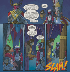 Size: 613x633 | Tagged: safe, idw, official comic, king vorak, lord tirek, queen haydon, scorpan, centaur, fiendship is magic #2, g4, my little pony: fiendship is magic, spoiler:comic, armor, backstory, clothes, comic, crown, gargoyle guard, jewelry, nose piercing, nose ring, piercing, regalia, scorpan's necklace, septum piercing, speech bubble, young tirek, younger