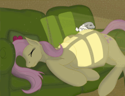 Size: 1398x1080 | Tagged: safe, artist:equum_amici, artist:patch, angel bunny, fluttershy, pony, g4, animated, belly, cinemagraph, couch, cute, eyes closed, on side, preggoshy, pregnant, sleeping, smiling, sunlight