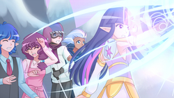Size: 1280x721 | Tagged: safe, artist:jonfawkes, double diamond, night glider, party favor, sugar belle, twilight sparkle, human, g4, the cutie map, anime, clothes, elf ears, equal four, eyes closed, female, humanized, magic, magic circle, male, open mouth, scene interpretation, twilight sparkle (alicorn), wing ears