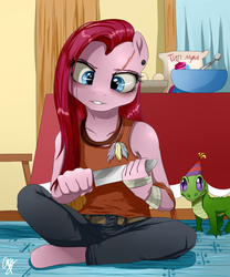 Size: 984x1181 | Tagged: safe, artist:supermare, gummy, pinkie pie, anthro, unguligrade anthro, g4, bandage, crossover, far cry 3, hat, knife, party hat, pinkamena diane pie, russian, scar, vaas montenegro