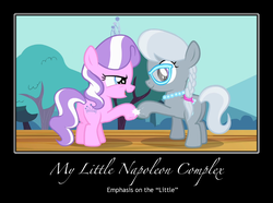 Size: 1024x762 | Tagged: safe, diamond tiara, silver spoon, earth pony, pony, g4, cute, diamondbetes, duo, duo female, eye contact, female, filly, foal, glare, hoofbump, napoleon, napoleon bonaparte, napoleon complex, open mouth, short, smiling, smirk