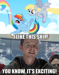 Size: 776x981 | Tagged: safe, derpy hooves, rainbow dash, human, pegasus, pony, g4, cloud, cloudy, exploitable meme, female, i like this ship, image macro, lesbian, mare, meme, montgomery scott, on back, photo, ship:derpydash, shipping, star trek, uss enterprise