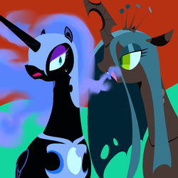 Size: 1000x1000 | Tagged: safe, artist:jun, nightmare moon, queen chrysalis, changeling, changeling queen, pony, g4, armor, crown, duo, fangs, female, horn, jewelry, open mouth, pixel art, pixiv, regalia, slit pupils, smiling, sweat