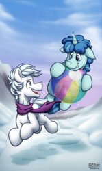 Size: 907x1519 | Tagged: safe, artist:bcpony, double diamond, party favor, earth pony, pony, unicorn, g4, the cutie map, ball, beach ball, bouncing, clothes, cute, favorbetes, gay, male, scarf, ship:partydiamond, shipping, stallion