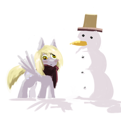 Size: 2000x2000 | Tagged: safe, artist:figgot, derpy hooves, pegasus, pony, g4, clothes, female, high res, mare, scarf, simple background, snow, snowman, solo, white background
