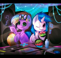 Size: 4750x4500 | Tagged: safe, artist:zombie, dj pon-3, vinyl scratch, oc, oc:nixie, g4, absurd resolution