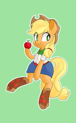 Size: 1200x1929 | Tagged: safe, artist:hidden-cat, applejack, earth pony, pony, g4, apple, bipedal, clothes, equestria girls outfit, female, green background, mare, simple background, solo