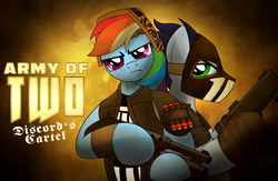 Size: 1024x668 | Tagged: safe, artist:drawponies, rainbow dash, soarin', pegasus, pony, g4, army of two, crossover, soldier