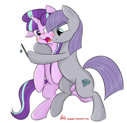 Size: 2629x2557 | Tagged: safe, artist:orang111, maud pie, starlight glimmer, g4, the cutie map, blushing, duo, high res, hilarious in hindsight, hug, phone, self shot, selfie, starmaud, wrong cutie mark