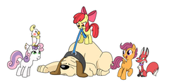 Size: 1500x700 | Tagged: safe, artist:madmax, apple bloom, scootaloo, sweetie belle, bird, dog, fox, g4, cutie mark crusaders, pet