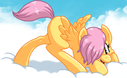 Size: 715x439 | Tagged: safe, artist:fizzy-dog, fluttershy, g4, cloud, cloudy, female, filly, solo, younger
