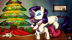 Size: 1600x900 | Tagged: safe, artist:spiritofthwwolf, opalescence, rarity, sweetie belle, g4, christmas, christmas tree, eyes closed, sisters, tree