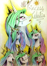 Size: 1455x2048 | Tagged: safe, artist:andy price, artist:janadashie, princess celestia, g4, crying, female, laughing, solo, tongue out, traditional art, wink