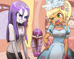 Size: 1000x800 | Tagged: safe, artist:quizia, applejack, rarity, twilight sparkle, equestria girls, g4, look before you sleep, alternate hairstyle, angry, applejack also dresses in style, book, bra, clothes, dress, equestria girls interpretation, female, froufrou glittery lacy outfit, gritted teeth, hand on hip, hennin, jewelry, necklace, open mouth, princess applejack, puffy sleeves, purple underwear, reading, scene interpretation, see-through, slippers, trio, underwear, wet, wet clothes, wet hair, wet hairity, wet shirt