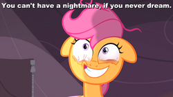 Size: 880x495 | Tagged: safe, edit, edited screencap, screencap, scootaloo, pony, g4, sleepless in ponyville, the cutie map, bloodshot eyes, caption, female, image macro, in our town, meme, solo, you can't have a nightmare if you never dream