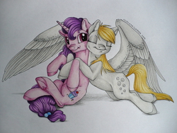 Size: 3072x2304 | Tagged: safe, artist:majeczkaslasher, derpy hooves, sugar belle, pegasus, pony, g4, the cutie map, female, high res, hug, mare, spread wings, traditional art, underhoof