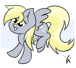 Size: 635x564 | Tagged: safe, artist:lunartails, derpy hooves, pegasus, pony, g4, :>, cute, female, mare, open mouth, raised leg, simple background, smiling, solo, spread wings, white background