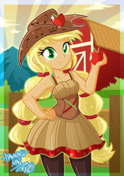 Size: 2106x3000 | Tagged: safe, artist:danmakuman, applejack, human, equestria girls, friendship through the ages, g4, my little pony equestria girls: rainbow rocks, alternate hairstyle, apple, armpits, clothes, country applejack, cowboy hat, cute, female, food, freckles, hat, high res, jackabetes, pantyhose, pigtails, sleeveless, solo