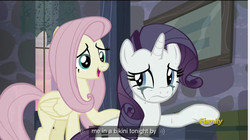 Size: 1277x714 | Tagged: safe, screencap, fluttershy, rarity, g4, the cutie map, bikini, clothes, crying, meme, running makeup, swimsuit, youtube caption