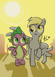 Size: 1700x2400 | Tagged: safe, artist:iamallyballybee, derpy hooves, spike, pegasus, pony, g4, desert, fanfic art, fanfic cover, female, injured, male, mare, ship:derpyspike, shipping, straight