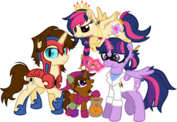 Size: 10807x7500 | Tagged: safe, artist:lailyren, artist:mactavish1996, sci-twi, twilight sparkle, oc, oc:ben parker sparkle, oc:mayday parker sparkle, alicorn, pegasus, pony, unicorn, g4, absurd resolution, candy, female, food, green goblin, male, mare, nightmare night, offspring, parent:peter parker, parent:twilight sparkle, parents:spidertwi, peter parker, ponified, sci-twilicorn, simple background, spider-man, spiders and magic: rise of spider-mane, transparent background, vector