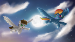 Size: 900x506 | Tagged: safe, artist:br0ny, rainbow dash, oc, oc:apollo heart, pegasus, pony, g4, backwards cutie mark, cloud, cloudy, commission, flying, looking back, moon, night, night sky, sky, stars