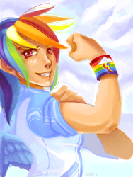 Size: 480x640 | Tagged: safe, artist:phoenixflorid, rainbow dash, human, g4, female, humanized, rosie the riveter, solo, winged humanization