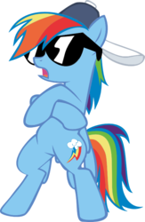 Size: 469x721 | Tagged: safe, artist:grinning-alex, rainbow dash, pegasus, pony, g4, backwards ballcap, backwards cutie mark, baseball cap, bipedal, crossed hooves, female, hat, mare, open mouth, simple background, solo, sunglasses, transparent background, vector