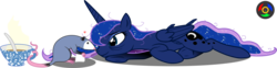 Size: 4558x1135 | Tagged: safe, artist:kyoshyu, princess luna, tiberius, alicorn, opossum, pony, g4, bags under eyes, comic, cup, high res, licking, lying down, messy mane, prone, simple background, teacup, tired, transparent background, underhoof, vector