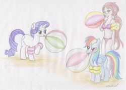 Size: 673x479 | Tagged: safe, artist:thunderingpikachu, rainbow dash, rarity, human, g4, beach ball, blowing, commission, crossover, cute, dashabetes, floaty, inflatable, inflation, medli, older, pouting, puffy cheeks, rainblow dash, raribetes, the legend of zelda, traditional art, water wings