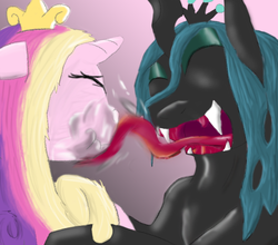 Size: 901x792 | Tagged: safe, artist:firefanatic, princess cadance, queen chrysalis, g4, drool, eyes closed, face licking, licking, nose wrinkle, open mouth, scrunchy face, smiling, tongue out