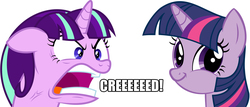 Size: 1400x600 | Tagged: safe, starlight glimmer, twilight sparkle, g4, the cutie map, angry, creed, faic, image macro, meme, quiet, ragelight glimmer, trollight sparkle, twiface, ursarkar creed, warhammer (game), warhammer 40k