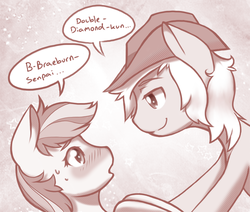 Size: 1077x915 | Tagged: safe, artist:pezzhippo, braeburn, double diamond, earth pony, pony, g4, the cutie map, blushing, braediamond, eye contact, gay, looking at each other, male, senpai, shipping, stallion, sweat