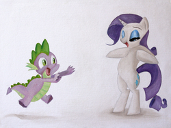 Size: 4191x3143 | Tagged: safe, artist:1wissam1, rarity, spike, pony, g4, bipedal, female, male, ship:sparity, shipping, straight, traditional art