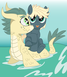 Size: 1188x1375 | Tagged: safe, artist:dbkit, oc, oc only, oc:argo, oc:hightide, pony, sea dragon, duo, ocean, offspring, parent:dumbbell, parent:rainbow dash, parents:dumbdash, water