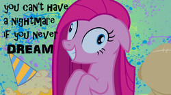 Size: 1050x590 | Tagged: safe, edit, edited screencap, screencap, pinkie pie, g4, party of one, caption, contemplating insanity, female, image macro, meme, nightmare face, solo, text, you can't have a nightmare if you never dream