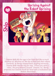 Size: 788x1088 | Tagged: safe, artist:pixel-prism, apple bloom, scootaloo, sweetie belle, earth pony, pony, robot, robot pony, unicorn, twilight sparkle's secret shipfic folder, g4, cutie mark crusaders, eyes closed, female, filly, floppy ears, foal, hooves, horn, open mouth, raribot, ship card, spread wings, sweetie bot, text, trio, wings