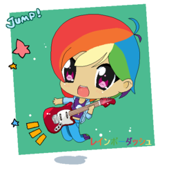 Size: 517x527 | Tagged: safe, artist:mattmankoga, artist:super-pixels, rainbow dash, human, g4, abstract background, alternate hairstyle, base used, chibi, cute, dashabetes, electric guitar, female, guitar, humanized, japanese, musical instrument, solo, stars