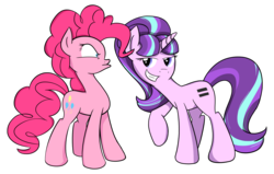 Size: 3122x1988 | Tagged: safe, artist:flamevulture17, pinkie pie, starlight glimmer, earth pony, pony, unicorn, g4, the cutie map, bedroom eyes, dat face, duo, grin, shadow, simple background, tonight you, transparent background