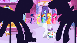Size: 1366x768 | Tagged: safe, screencap, applejack, fluttershy, opalescence, pinkie pie, rainbow dash, twilight sparkle, earth pony, pegasus, pony, unicorn, g4, suited for success, female, group