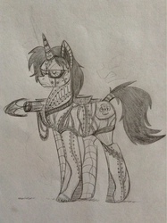 Size: 449x600 | Tagged: safe, artist:zigragirl, oc, oc only, oc:lucky seven, android, pony, robot, robot pony, unicorn, male, monochrome, pencil drawing, roboticization, solo, stallion, terminator, traditional art