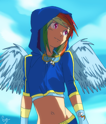 Size: 600x700 | Tagged: safe, artist:fireangel6, rainbow dash, human, g4, belly button, clothes, cloud, cute, dashabetes, female, goggles, hoodie, humanized, midriff, short shirt, sky, solo, winged humanization