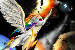 Size: 1500x1000 | Tagged: safe, artist:d-lowell, rainbow dash, pegasus, pony, g4, asteroid, commission, crossover, doomsday zone, element of loyalty, explosion, female, flying, gritted teeth, mare, solo, sonic 3 & knuckles, space, super rainbow dash
