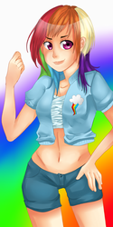 Size: 1000x2000 | Tagged: safe, artist:6hisano9, rainbow dash, human, g4, cleavage, female, humanized, midriff, solo