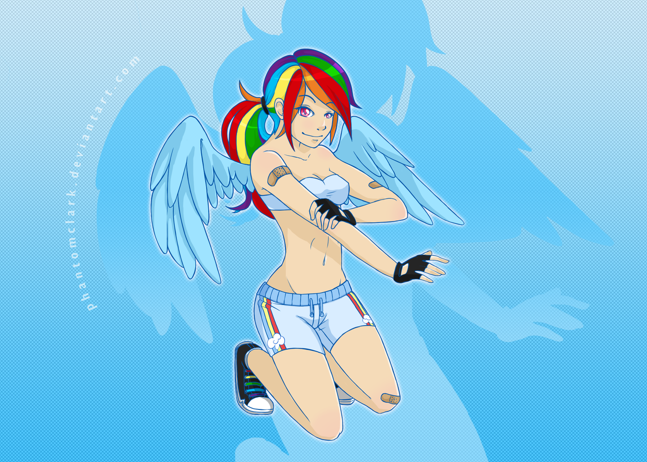 rainbow dash, human, bandage, belly button, clothes, converse, female, fing...
